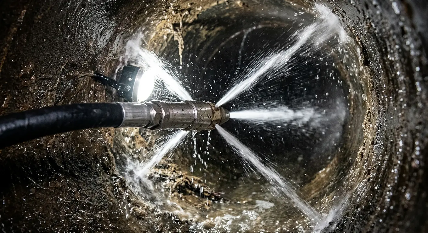 High-pressure hydro jetting nozzle cleaning sewer pipe for Trenchless Sewer Repair in Heartland