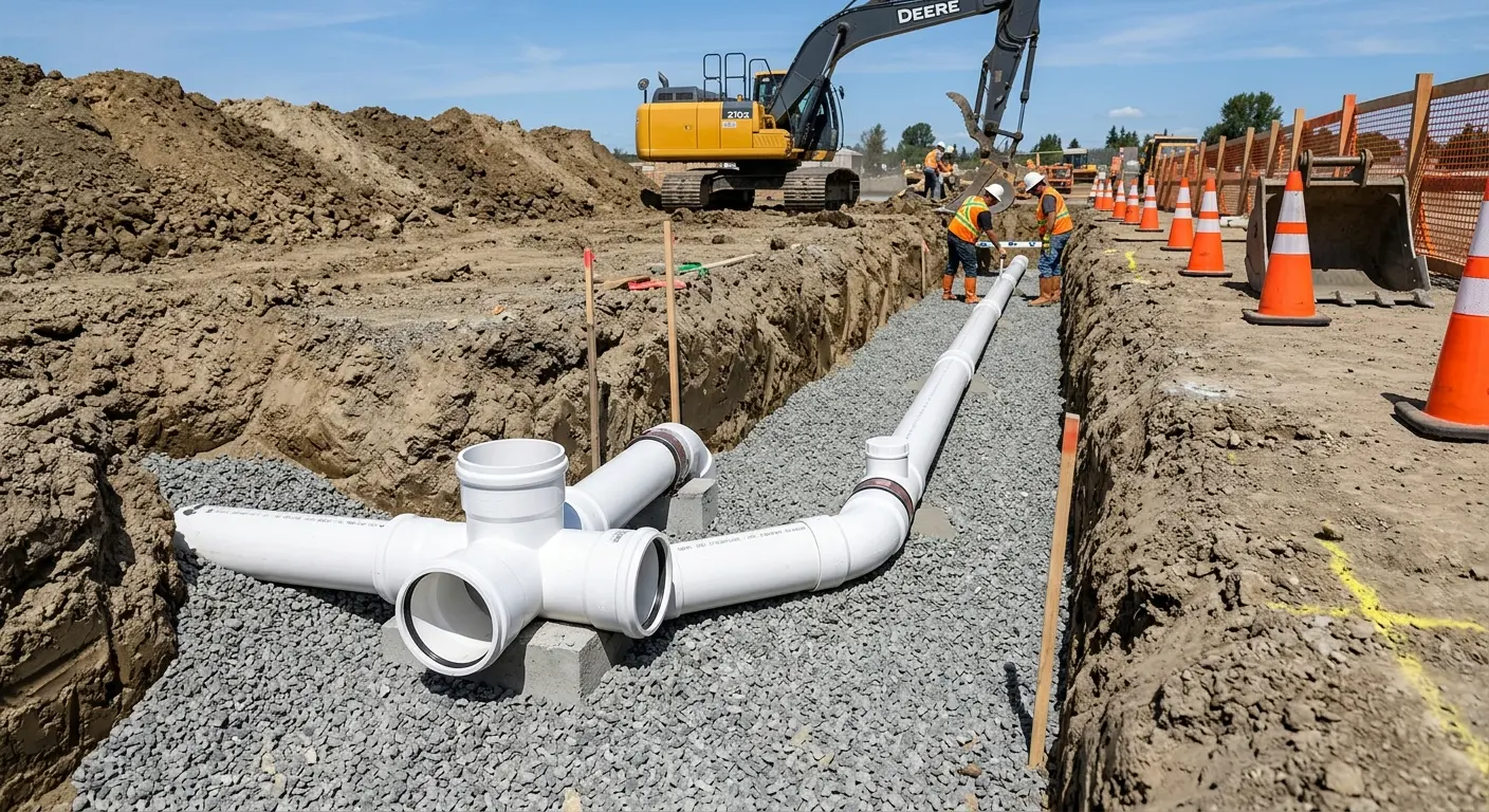 New PVC sewer pipe installation in open trench for Grease Trap Cleaning in Heartland