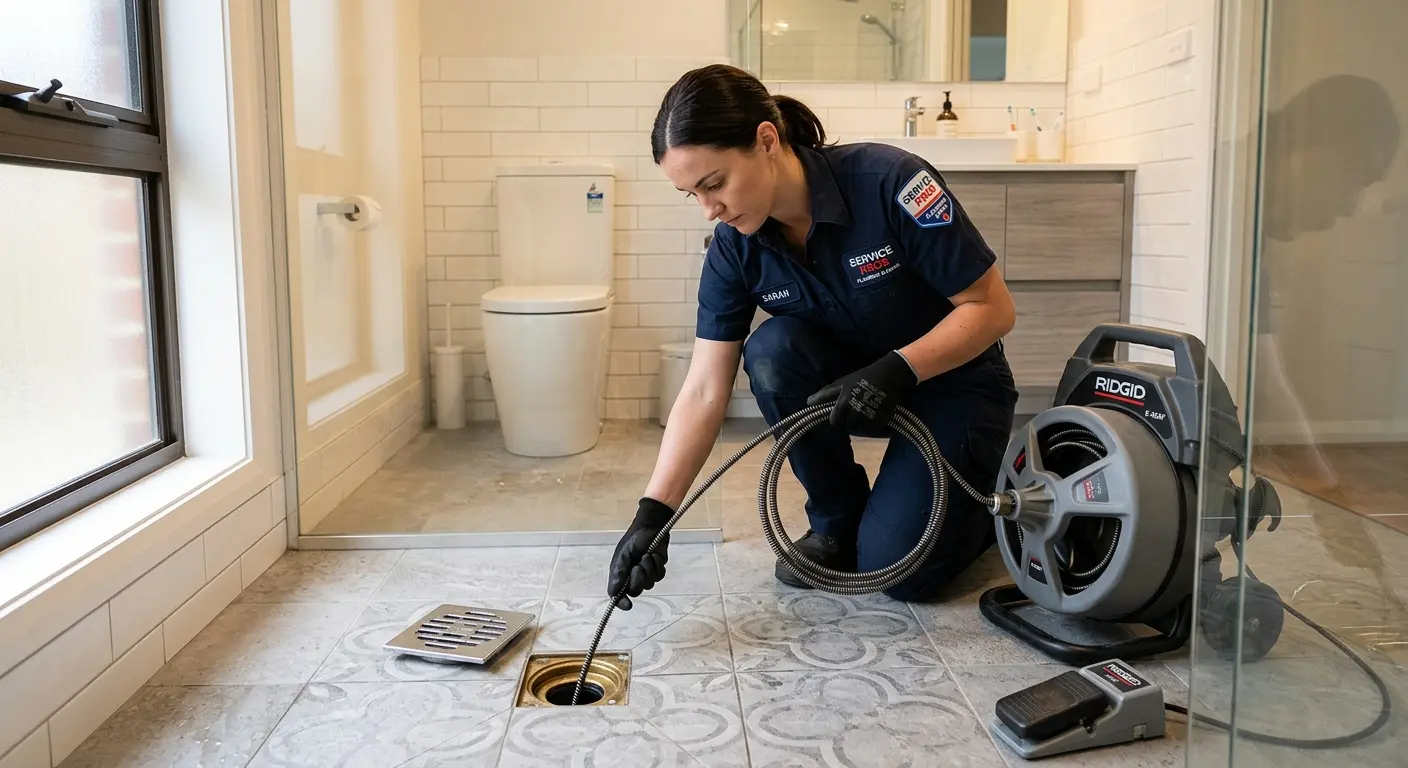 Technician clearing a bathroom floor drain for Drain Cleaning in Heartland